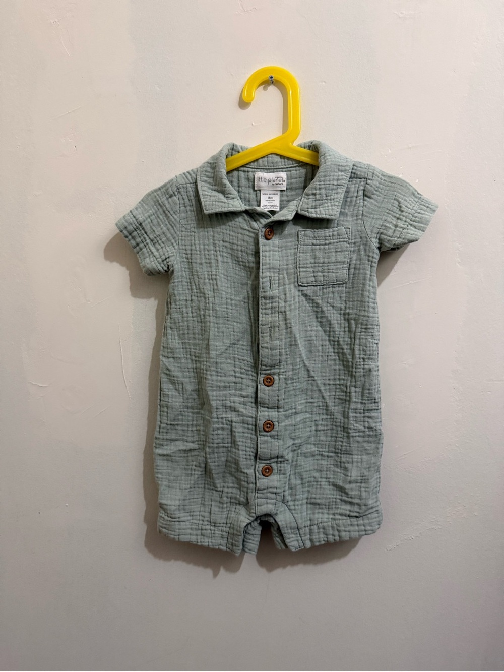 Soft Sage Green Short-Sleeve Baby Romper with Button Front